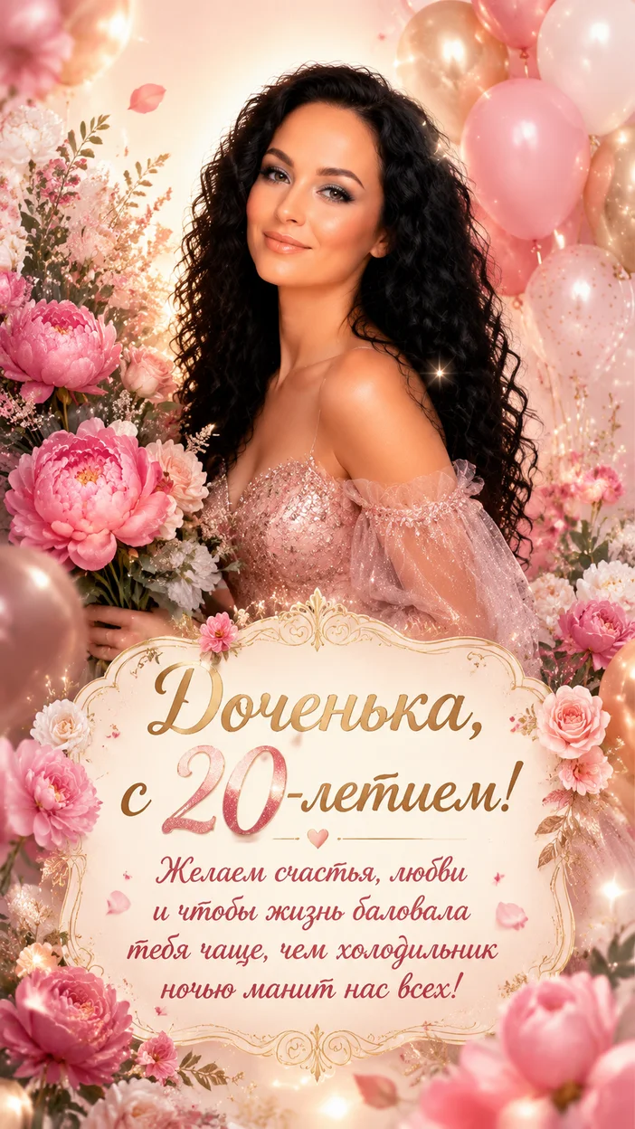 Фотооткрытка для дочери на 20 лет с надписью «Доченька, с 20-летием! Желаем счастья, любви и чтобы жизнь баловала тебя чаще, чем холодильник ночью манит нас всех!»
