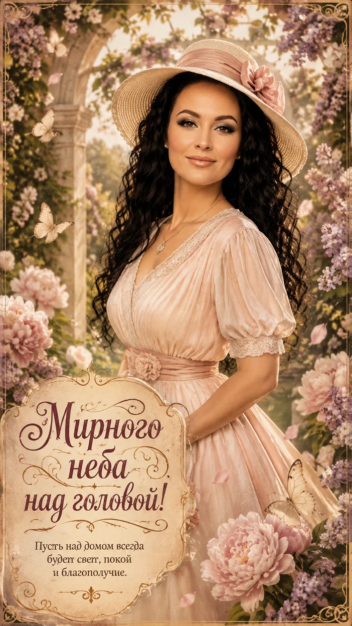 Фотооткрытка для неё с текстом "Мирного неба над головой!"