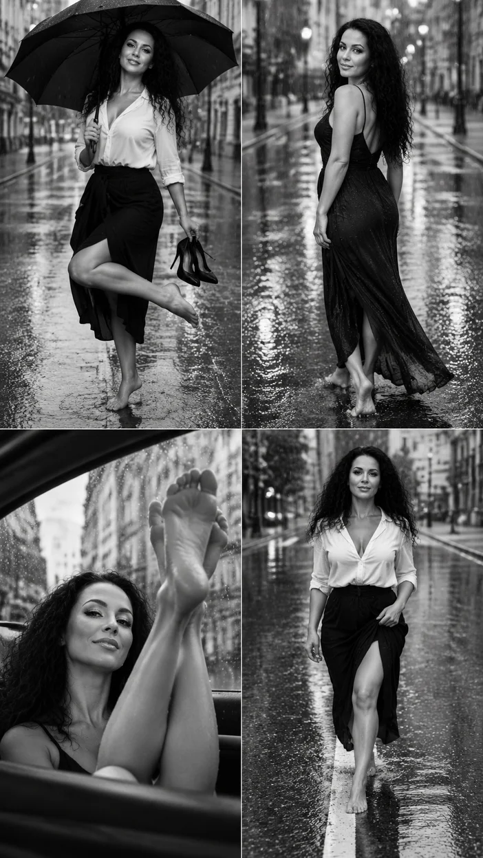 Фотосессия коллаж дождливый город — четыре кадра прогулки босиком с чёрным зонтом
