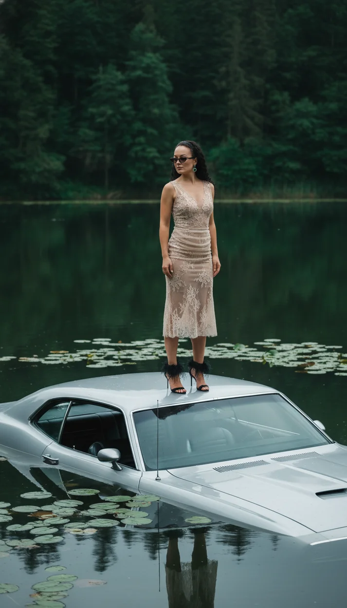 Девушка на машине в озере 