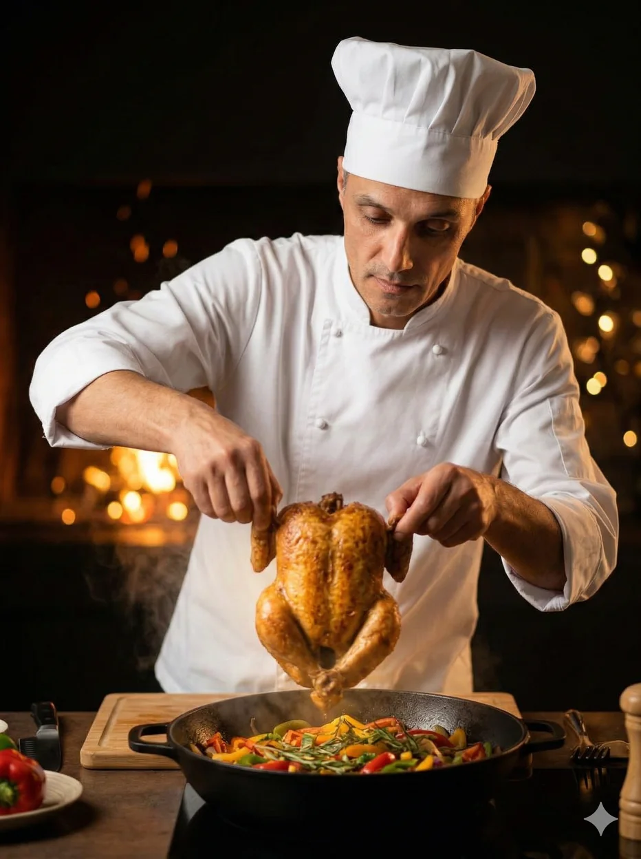 Повар в белом кителе и колпаке над сковородой с запечённой курицей