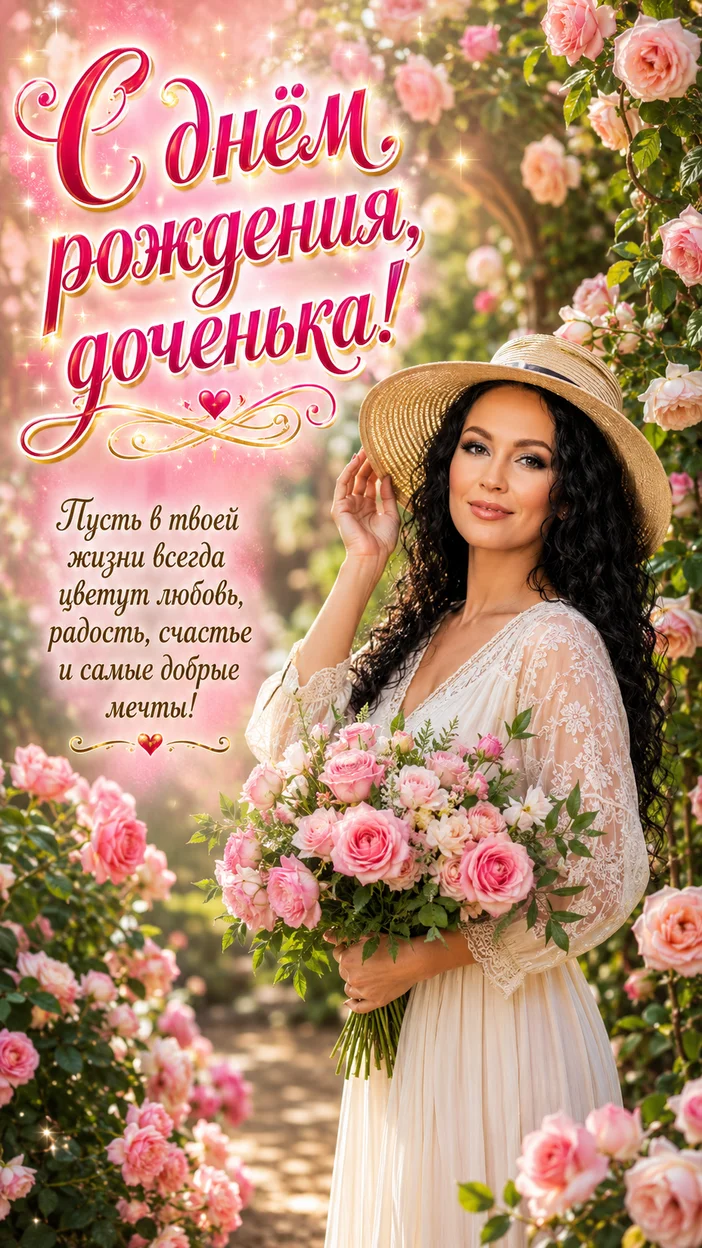 Фотооткрытка дочери с поздравлением "С днём рождения, доченька!"