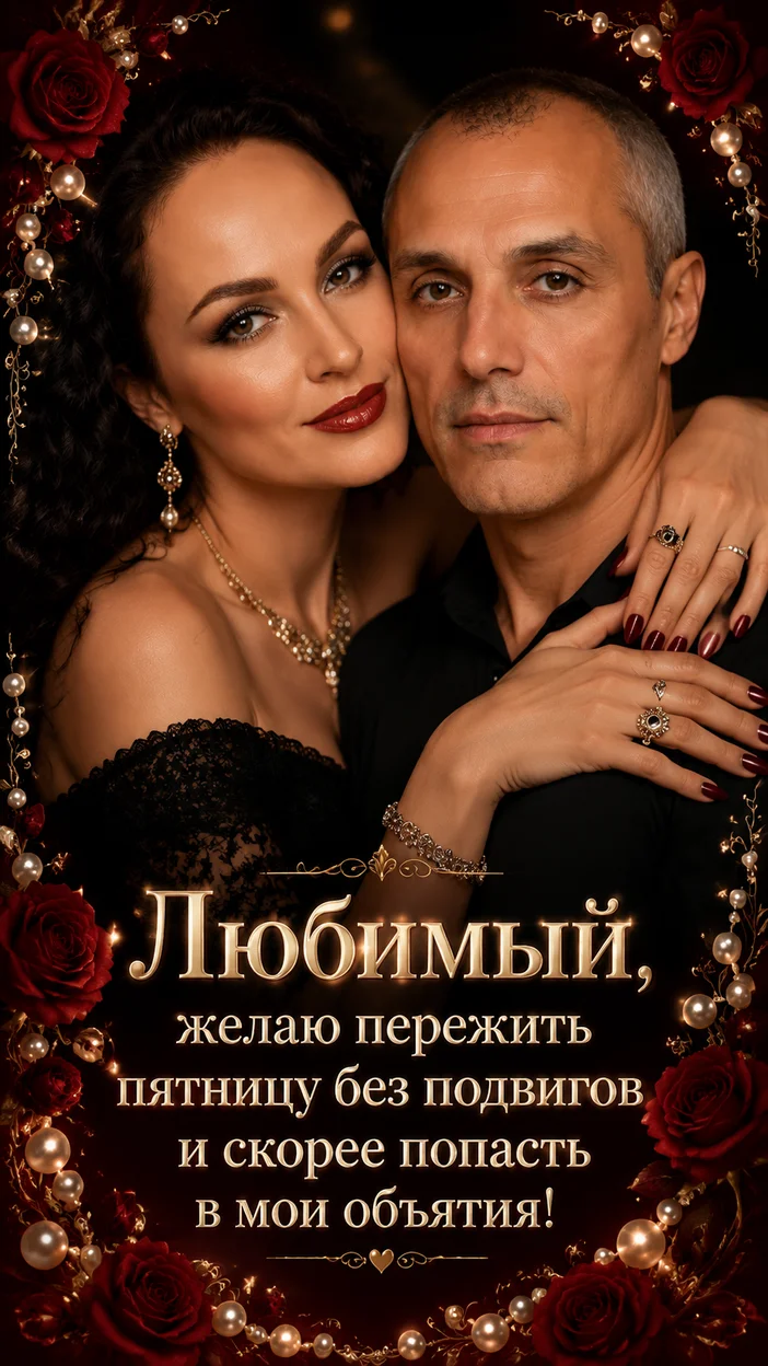 Фотооткрытка для любимого с пожеланием "Любимый, желаю пережить пятницу без подвигов и скорее попасть в мои объятия!"