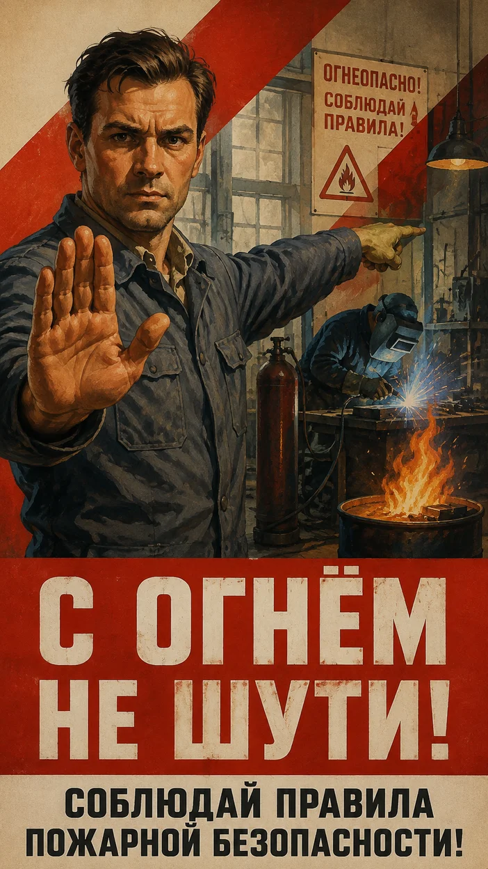 Фотосессия техника, указывающего на источник огня в цехе