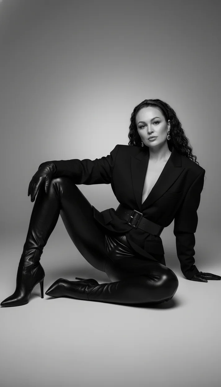 Монохромный fashion-портрет в черном пиджаке и латексных колготках