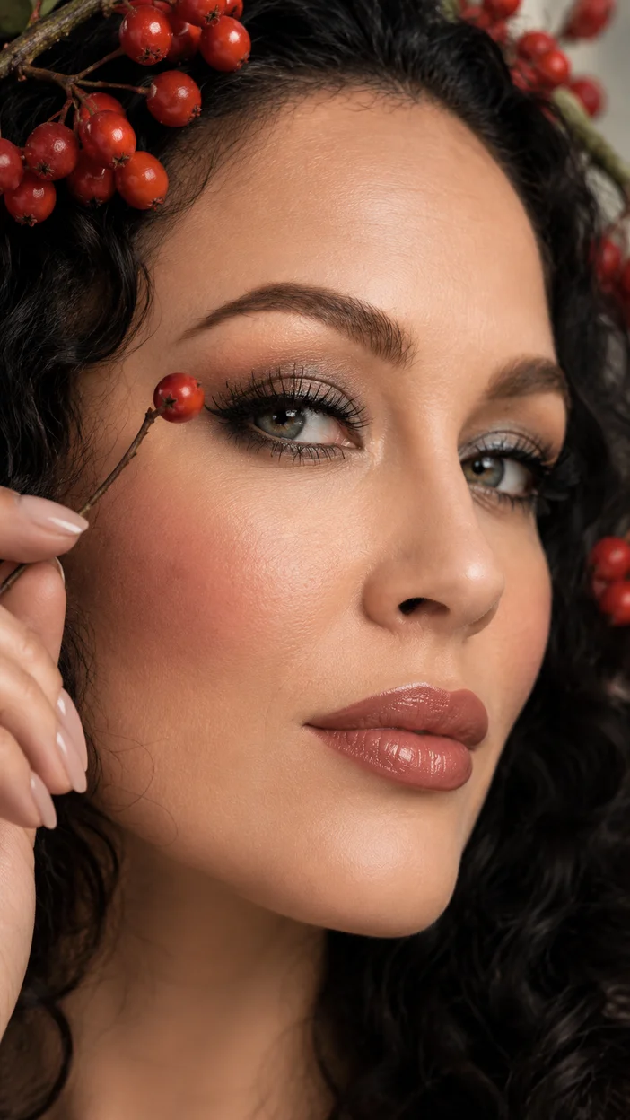 Фотосессия экстремально крупный beauty‑портрет девушки с ягодой рябины у глаза