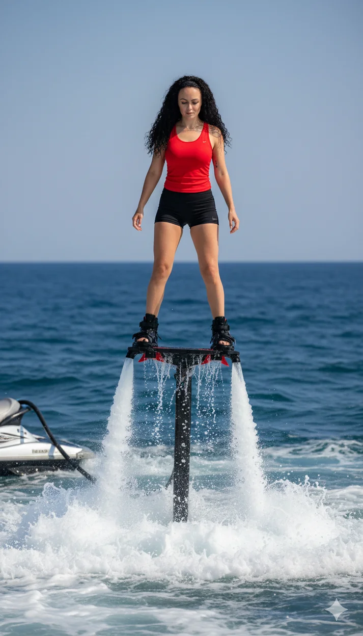 Девушка на флайборде над волнами в красном топе