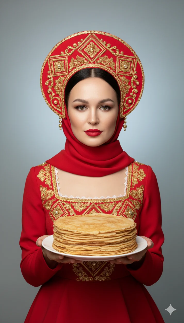 Девушка в красном кокошнике с платком держит стопку блинов