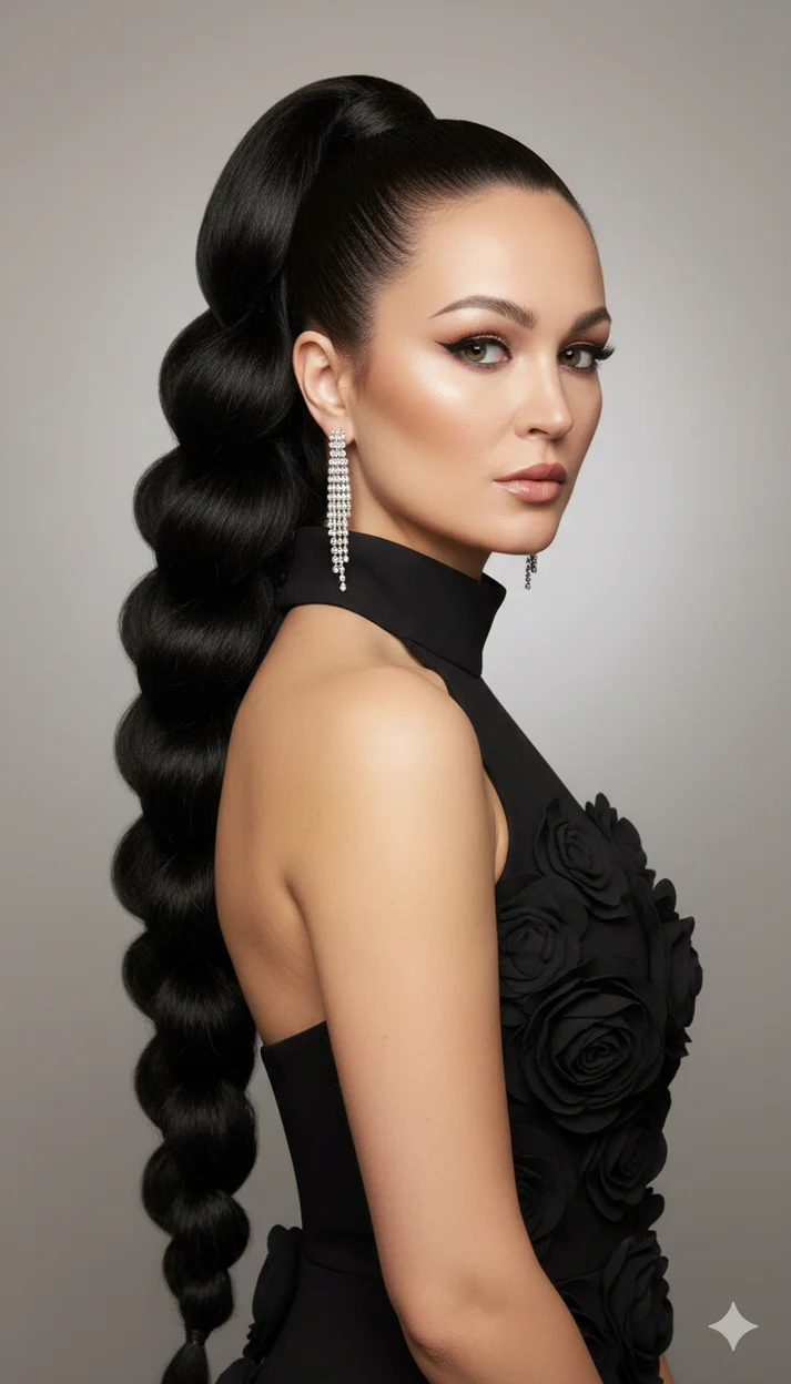 Причёска — высокий собранный хвост на макушке с идеально приглаженными корнями