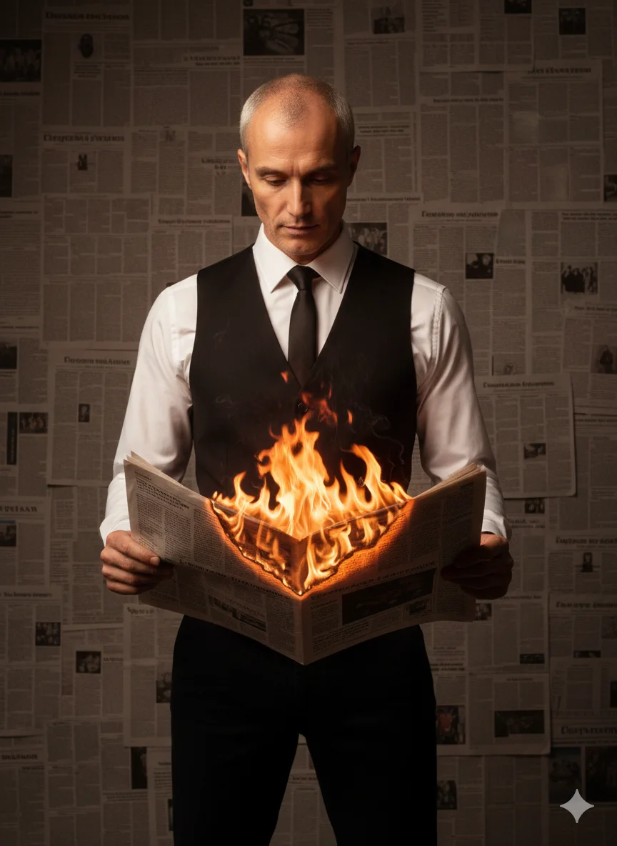 Мужчина в рубашке и жилете держит горящую газету