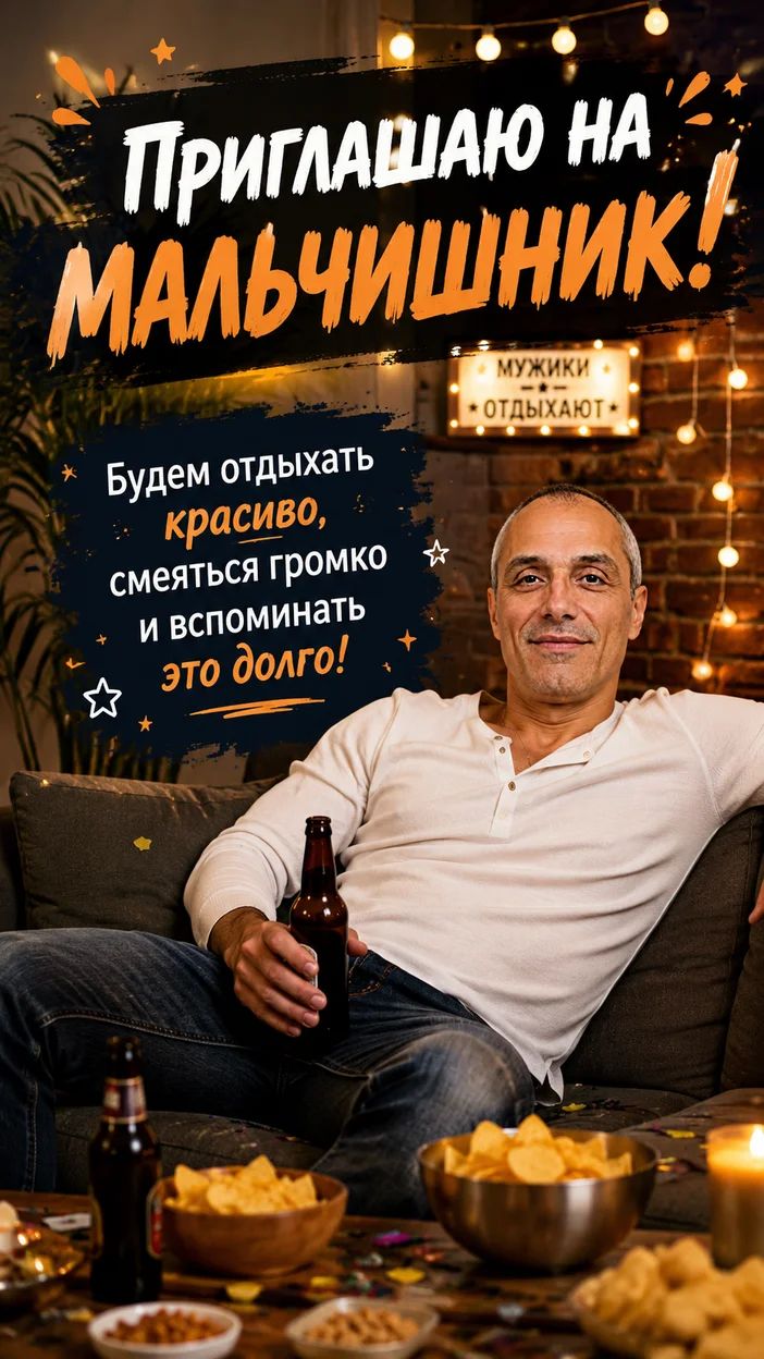 Фотооткрытка домашняя с текстом «Приглашаю на мальчишник! Будем отдыхать красиво, смеяться громко и вспоминать это долго!»