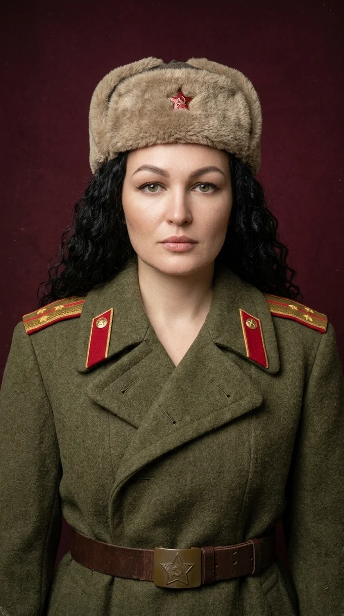  Фотореалистичный студийный портрет молодой женщины в стиле цветной восстановленной фотографии времён Великой Отечественной войны