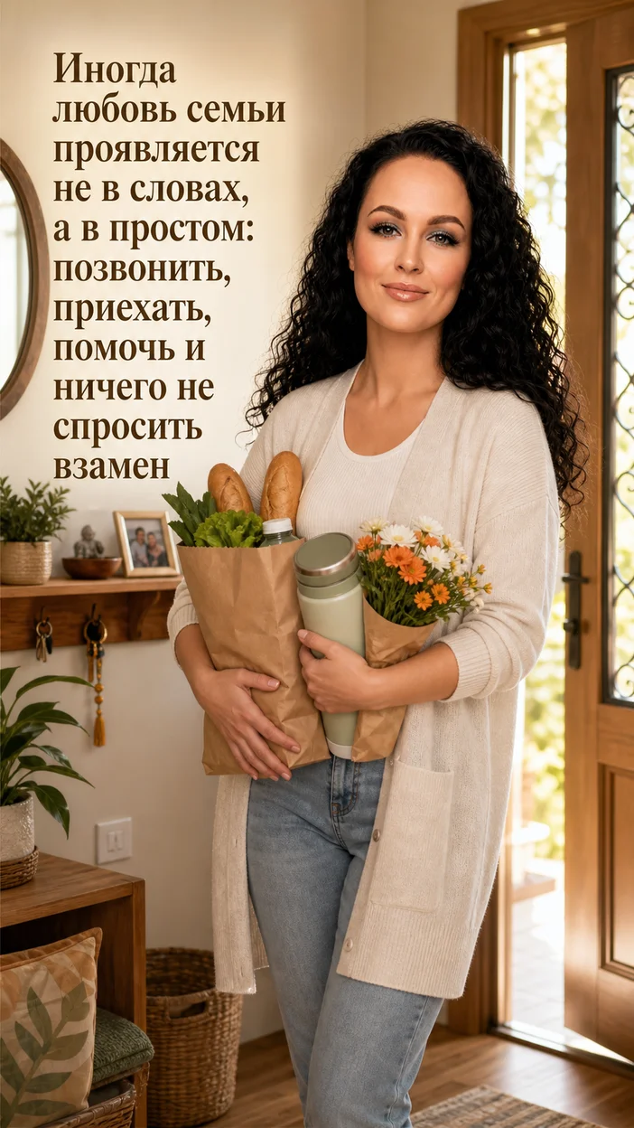 Фотооткрытка для семьи с текстом "Иногда любовь семьи проявляется не в словах, а в простом: позвонить, приехать, помочь и ничего не спросить взамен"