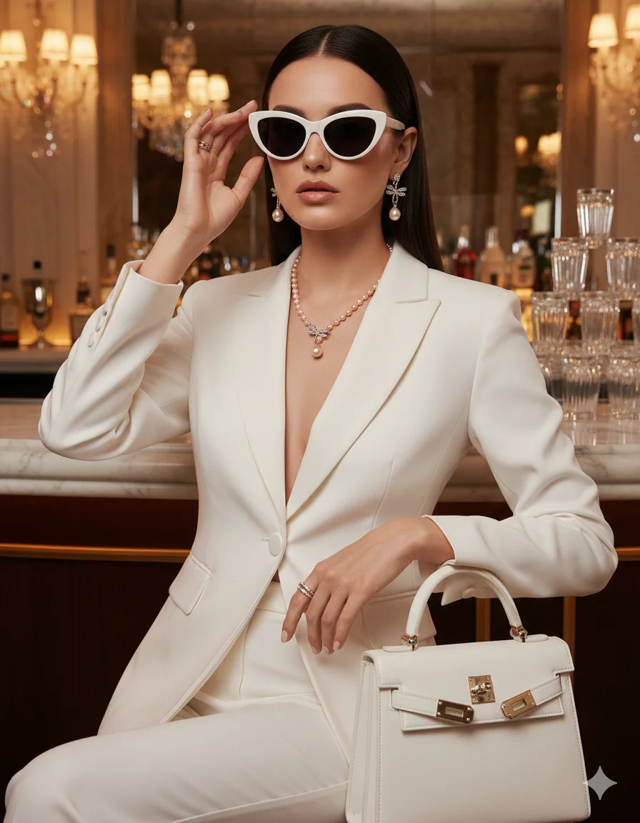 Сцена для продаж - Украшения на шею :Молодая женщина сидит в элегантной позе в интерьере дорогого кафе