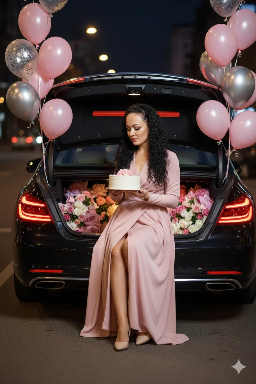 Женщина в розовом платье сидит в открытом багажнике машины ночью с тортом и шарами