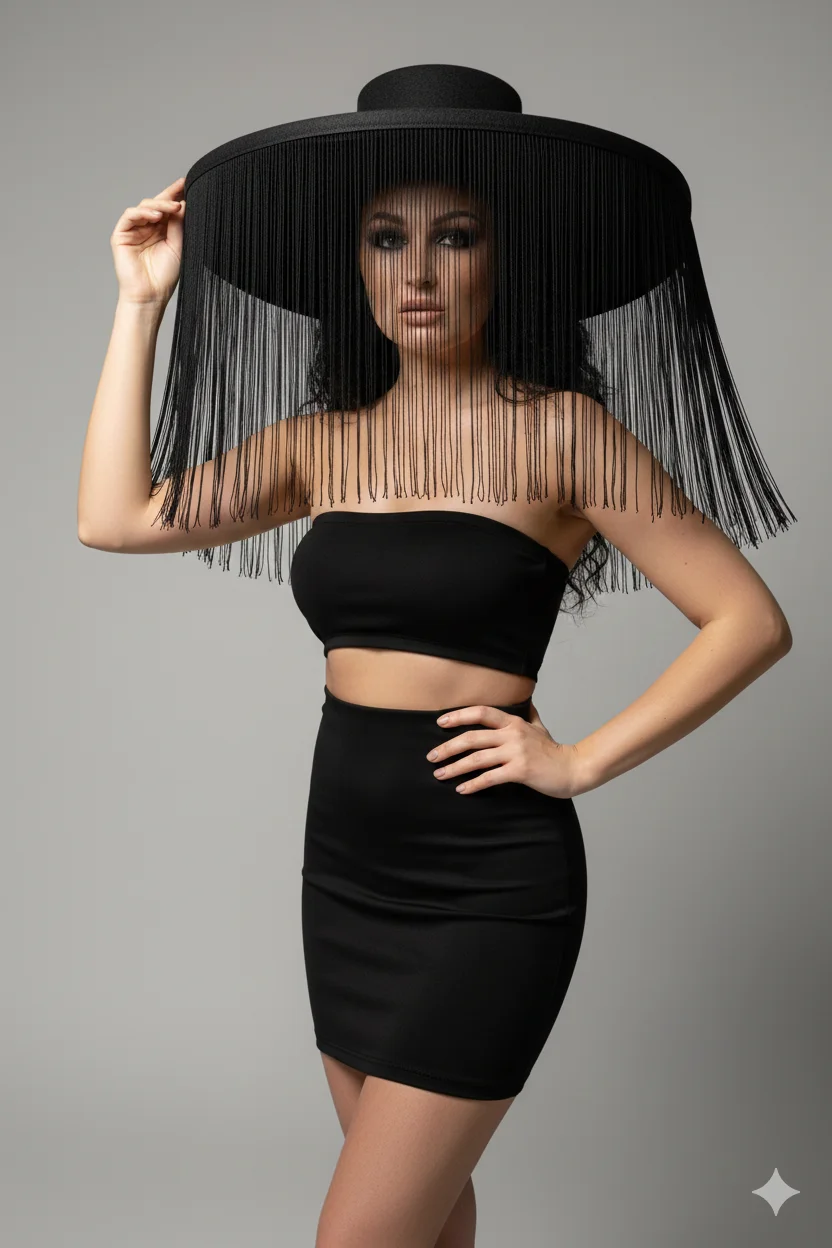 Девушка в чёрном платье с широкополой шляпой и бахромой в студии