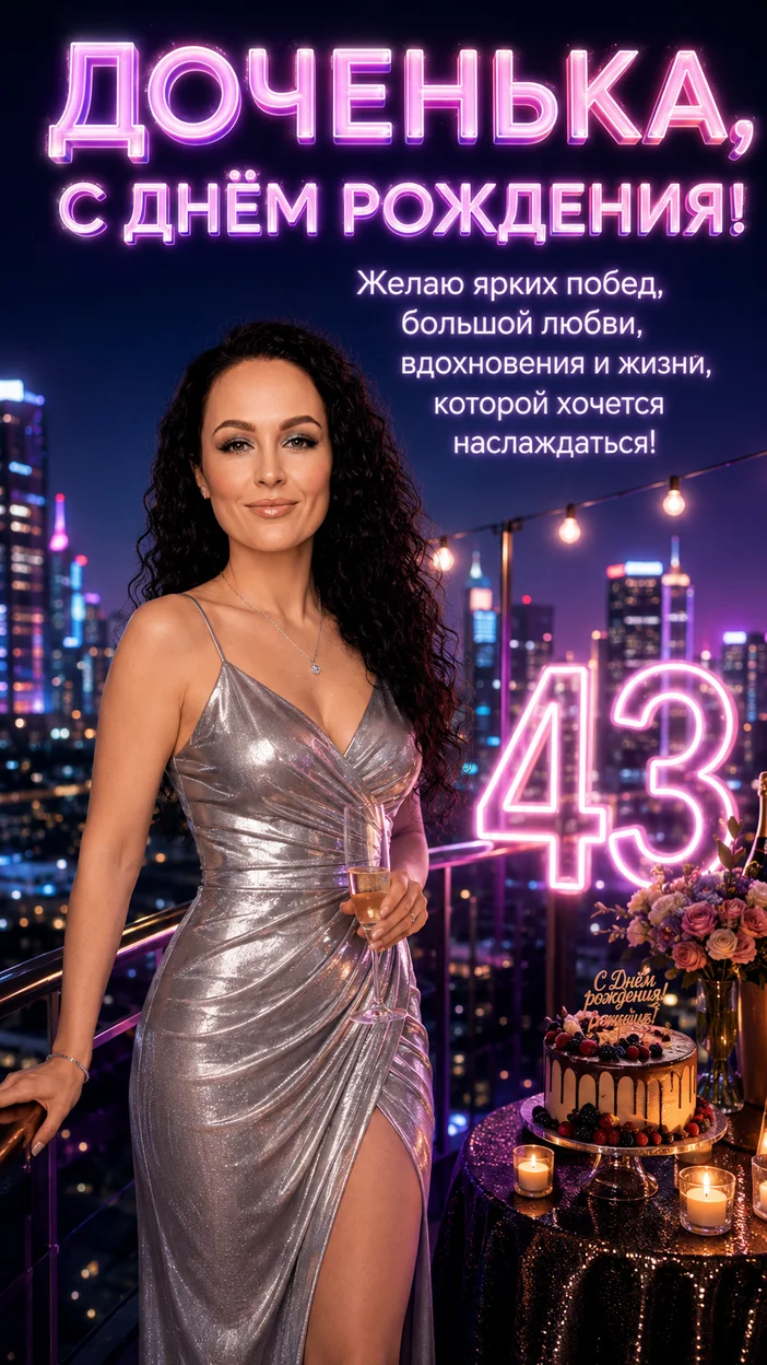 Фотооткрытка дочери на 43 года с поздравлением "ДОЧЕНЬКА, С ДНЁМ РОЖДЕНИЯ!"