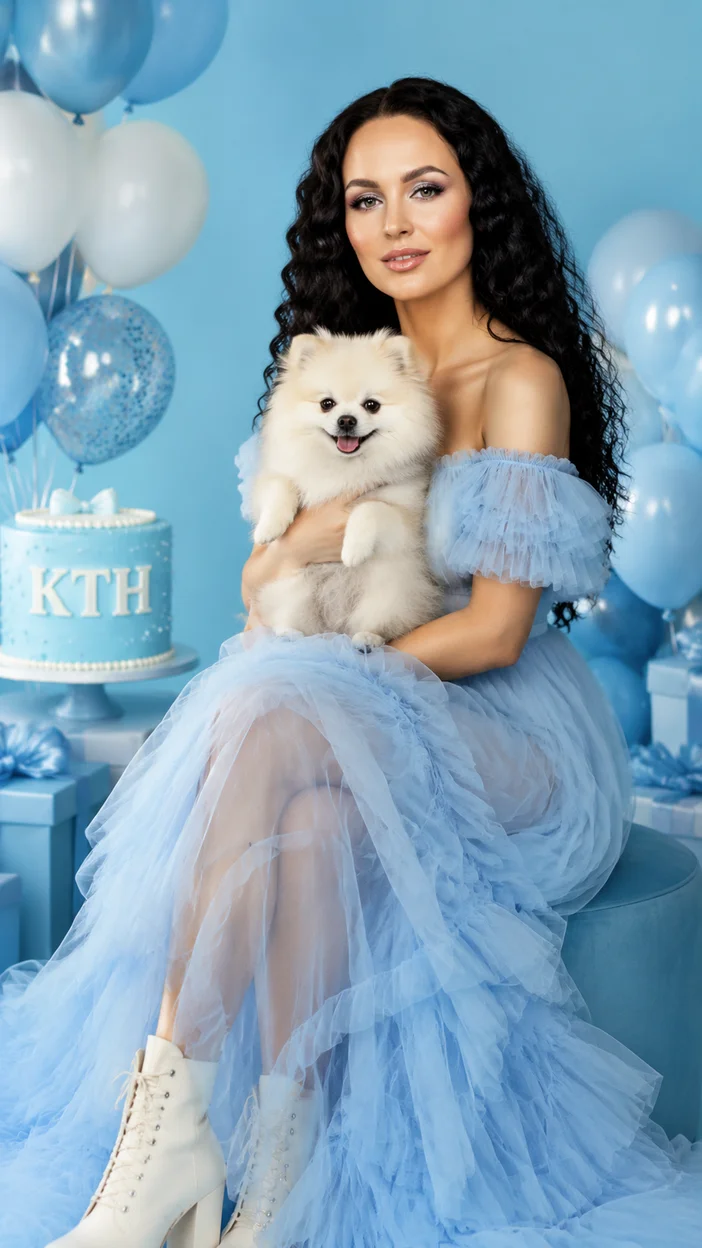 Фотосессия с собакой на голубом фоне и тортом KTH