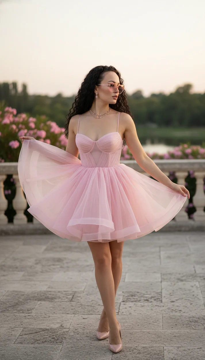  Девушка на террасе в розовом воздушном платье в форме цветка 