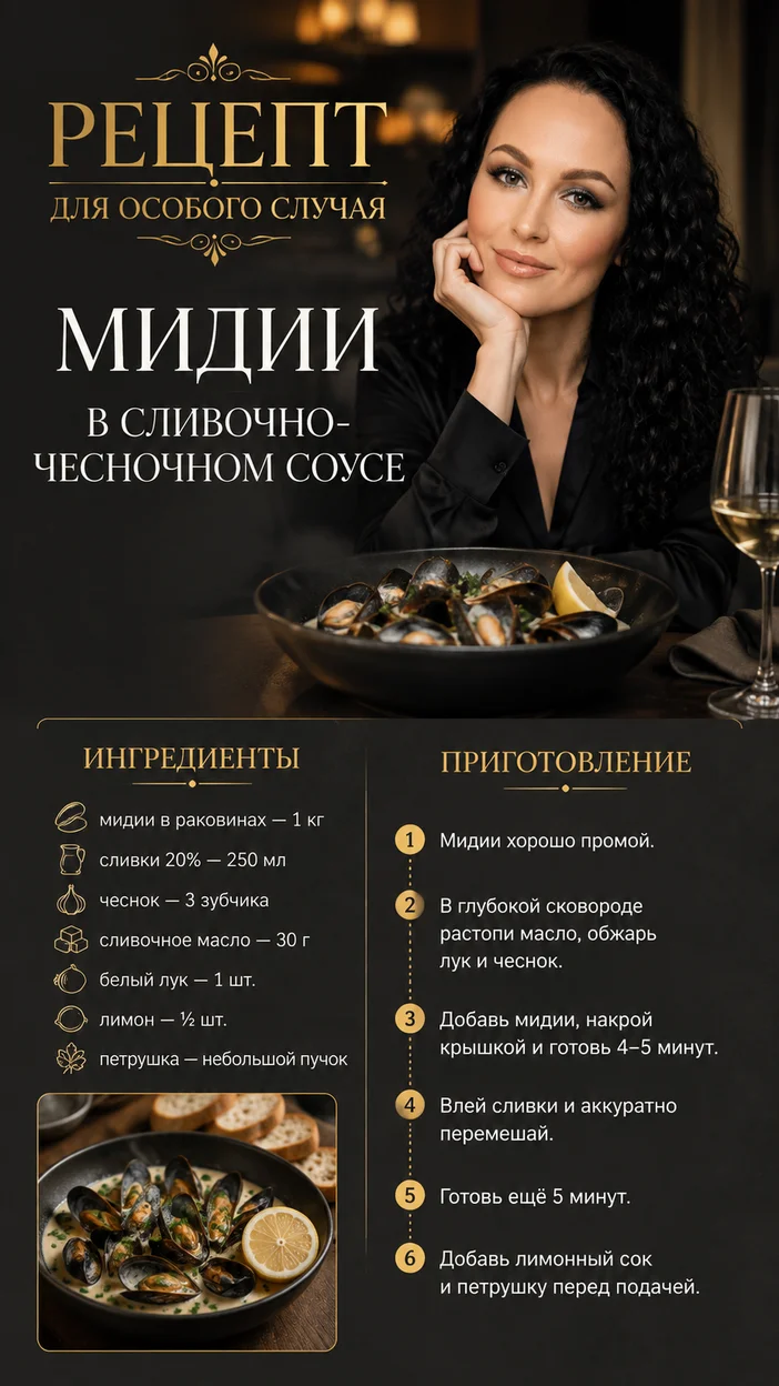 Фотосессия мидий в сливочно-чесночном соусе