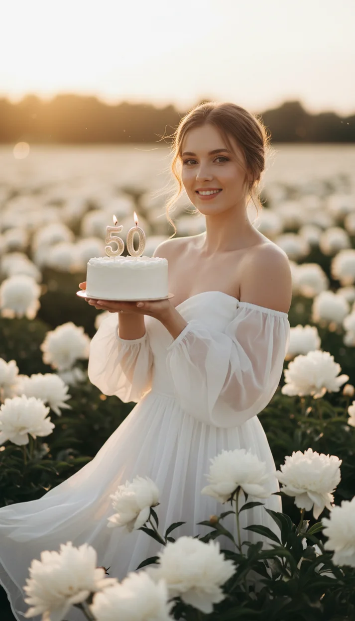 50 лет — фотосессия среди белых пионов на закате