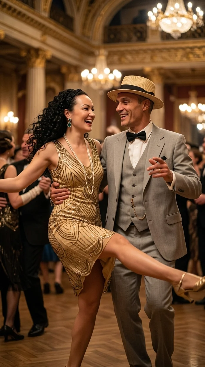 Фотореалистичная сцена танцующей пары в стиле эпохи джаза 1920-х годов