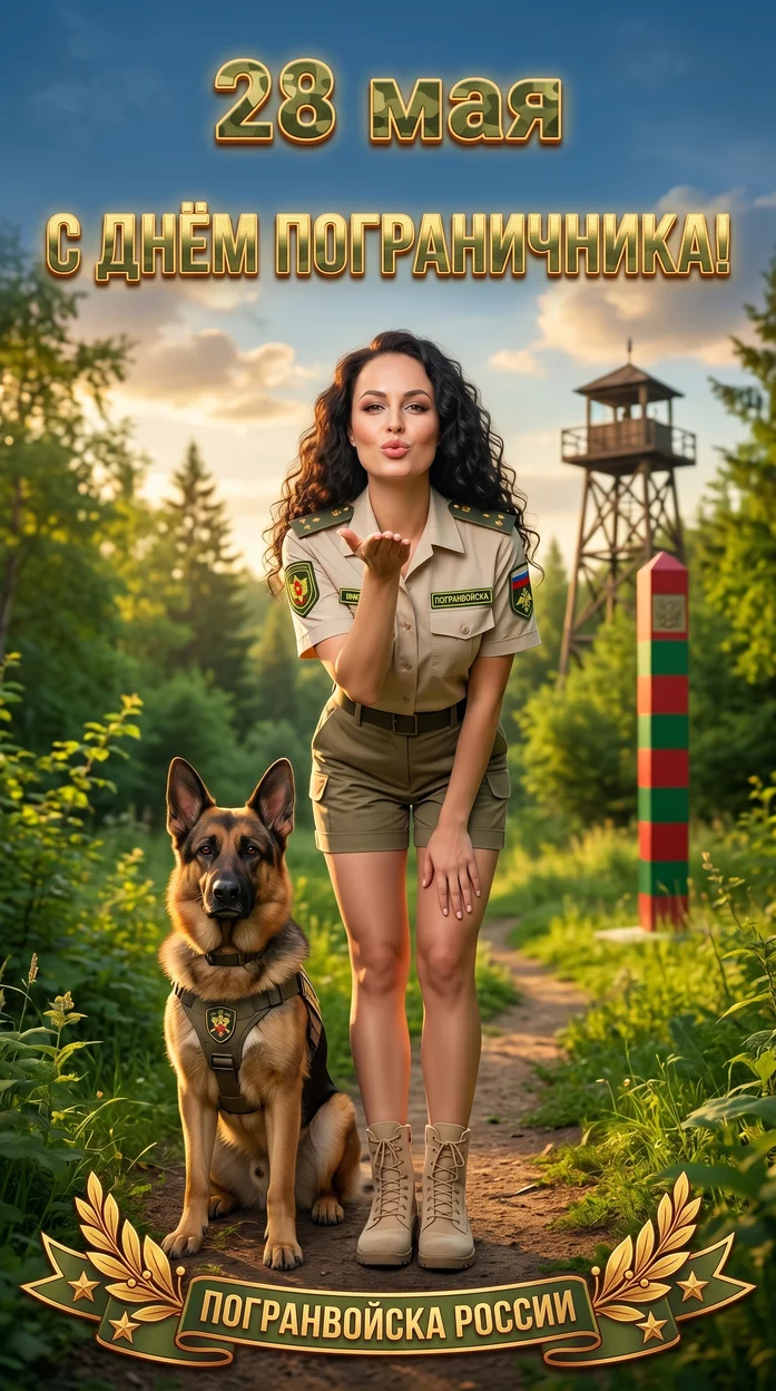 открытка ко Дню пограничника - девушка дарит воздушный поцелуй