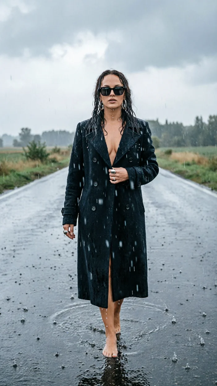 Фотосессия загородная дорога — cinematic fashion, модель в длинном тёмном мужском пальто идёт по шоссе, драматичное небо