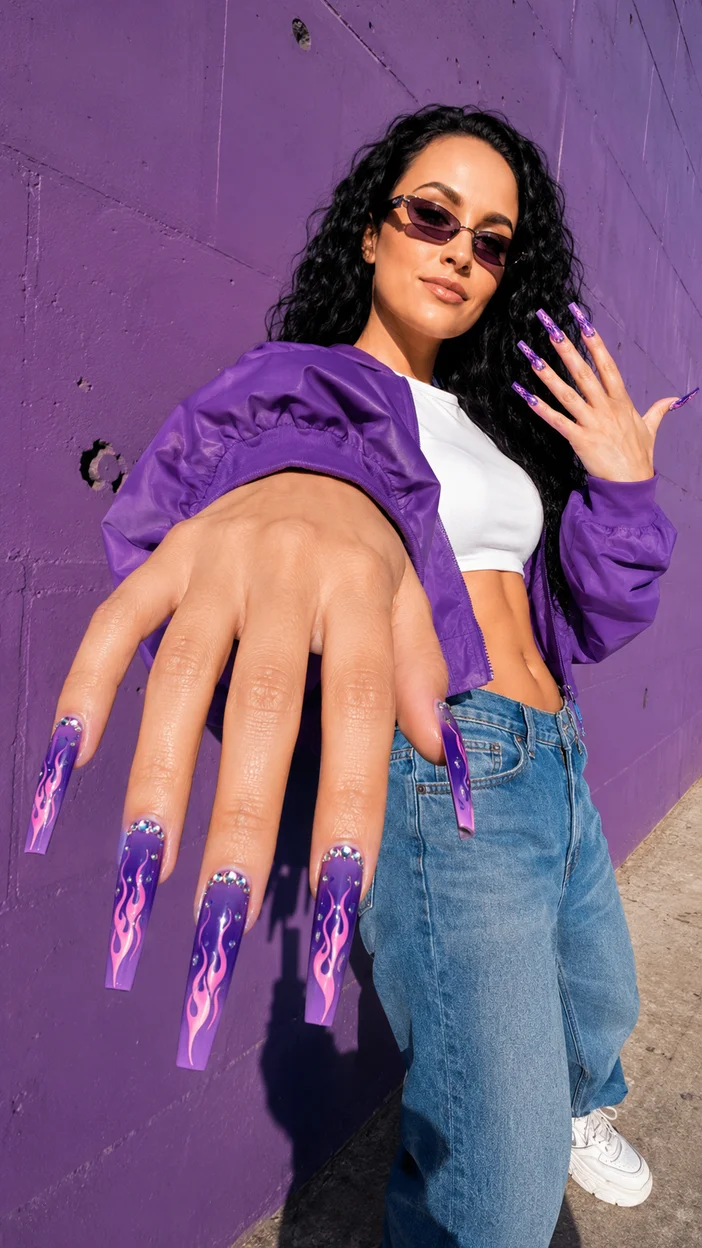 Фотосессия фиолетового flame manicure