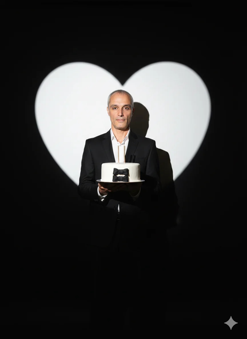 Мужчина в студии с тортом на фоне светового сердца