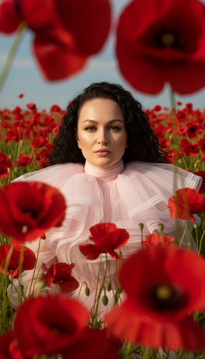  Портрет среди красных маков в мягком свете