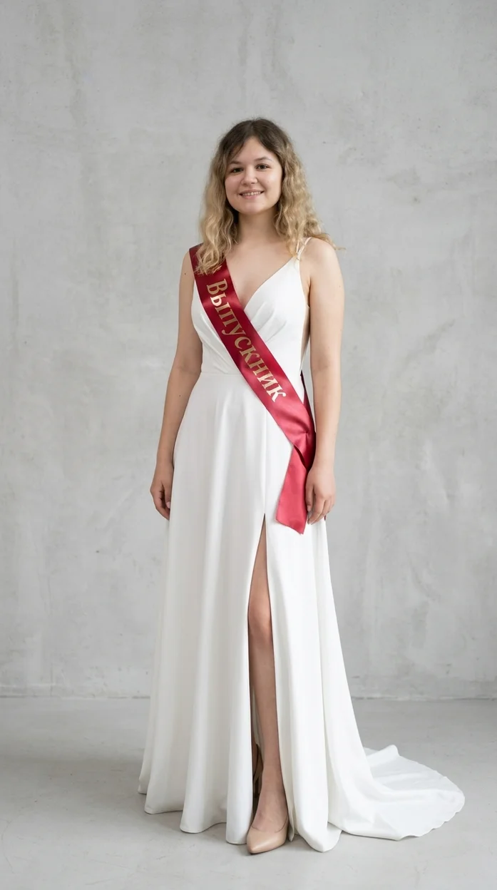 Элегантный выпускной образ в белом платье с разрезом и шлейфом