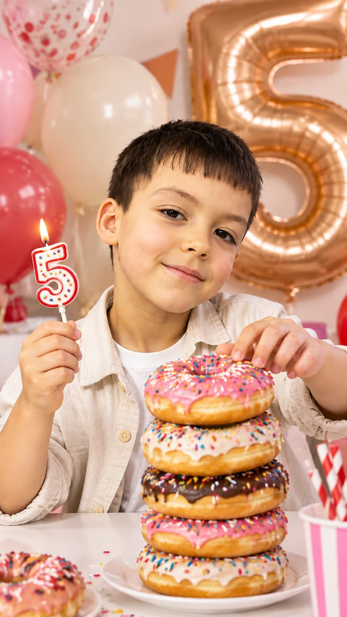Фотосессия мальчика 5 лет с башенкой пончиков и топпером‑цифрой 5 в студийном весёлом портрете
