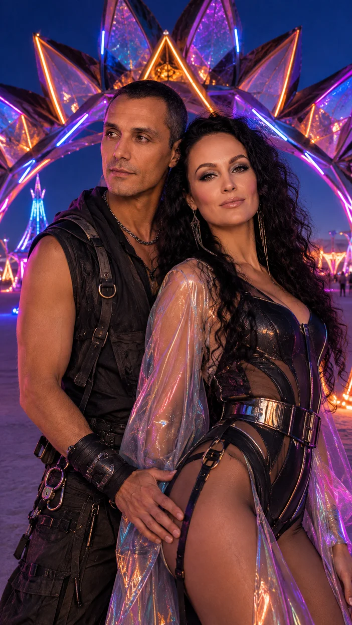 Фотосессия парная в неоновый синий час Burning Man — мужчина и женщина у светящейся футуристической арки