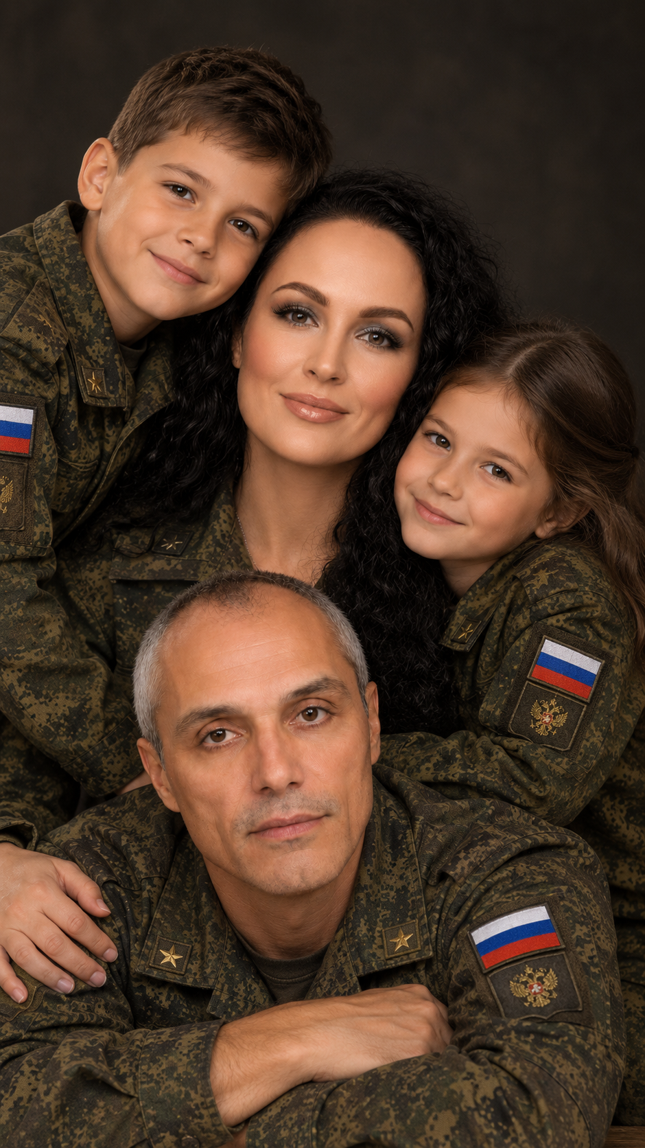 Фотосессия семейный студийный портрет мужчина и дети в стилизованной русской военной форме с женщиной в центре — тёплая композиция