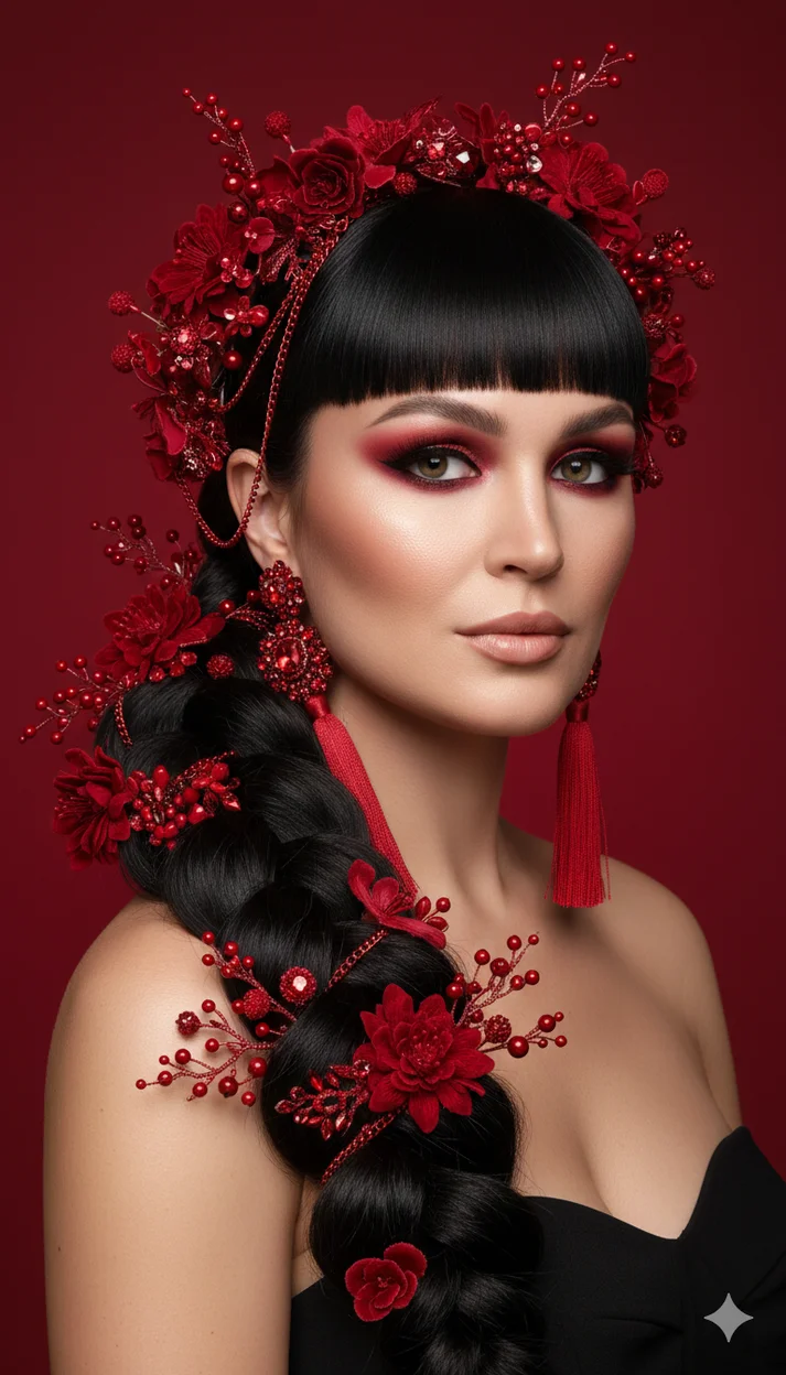 Гладкая чёлка и королевская коса с алыми украшениями