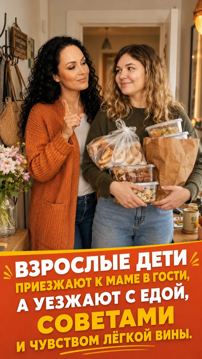 Фотооткрытка для мамы с текстом "Взрослые дети приезжают к маме в гости, а уезжают с едой, советами и чувством лёгкой вины."