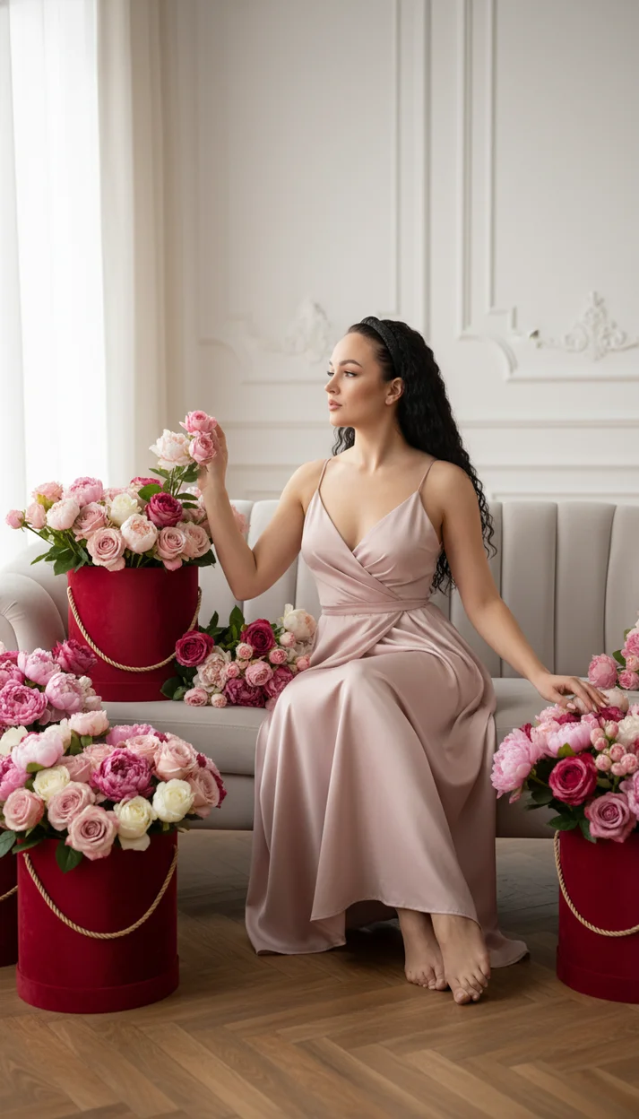 Женщина в розовом атласном платье сидит на светлом диване среди больших букетов роз