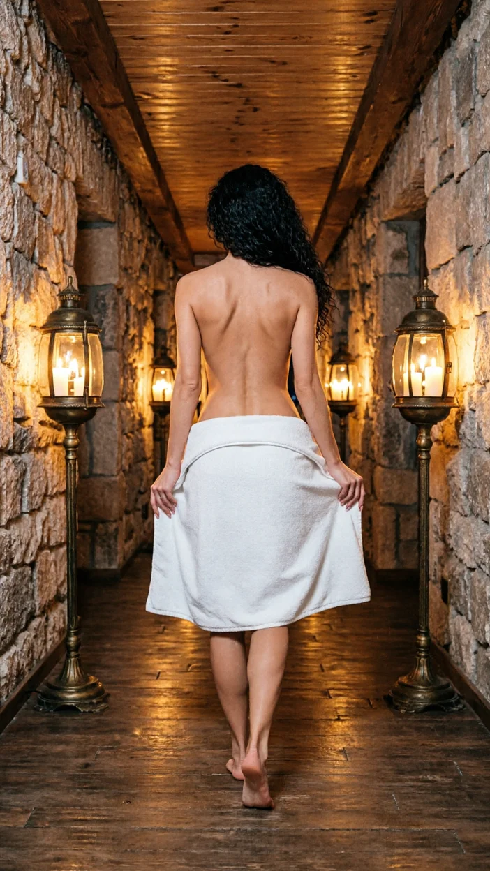 Фотосессия ночной деревянный spa‑коридор — модель идёт спиной с полотенцем, фонари со свечами и каменные стены