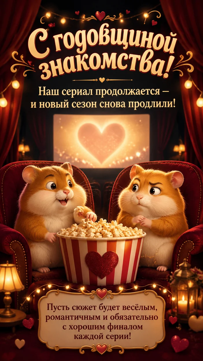 Фотосессия милой юмористической открытки с пухлыми хомяками в кинотеатре