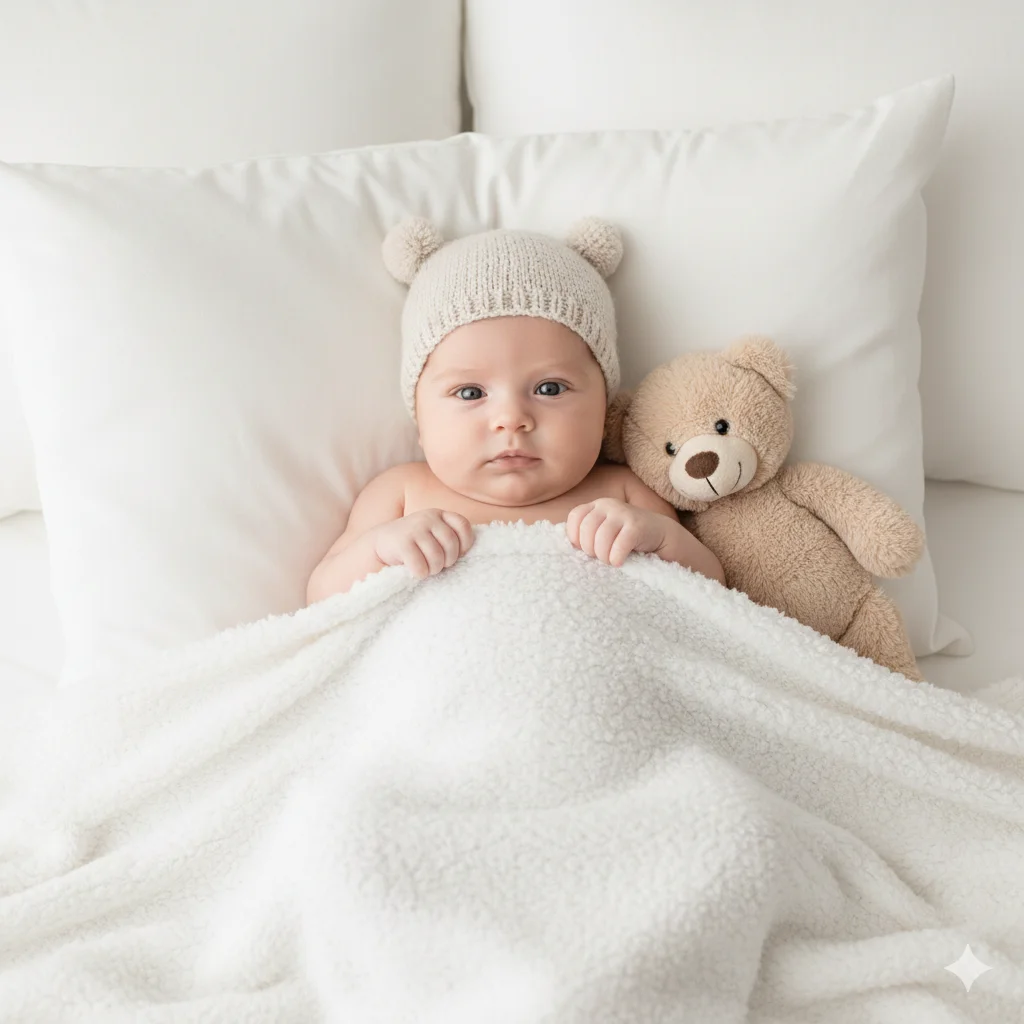 Малыш в белой шапочке с мишкой лежит под одеялом