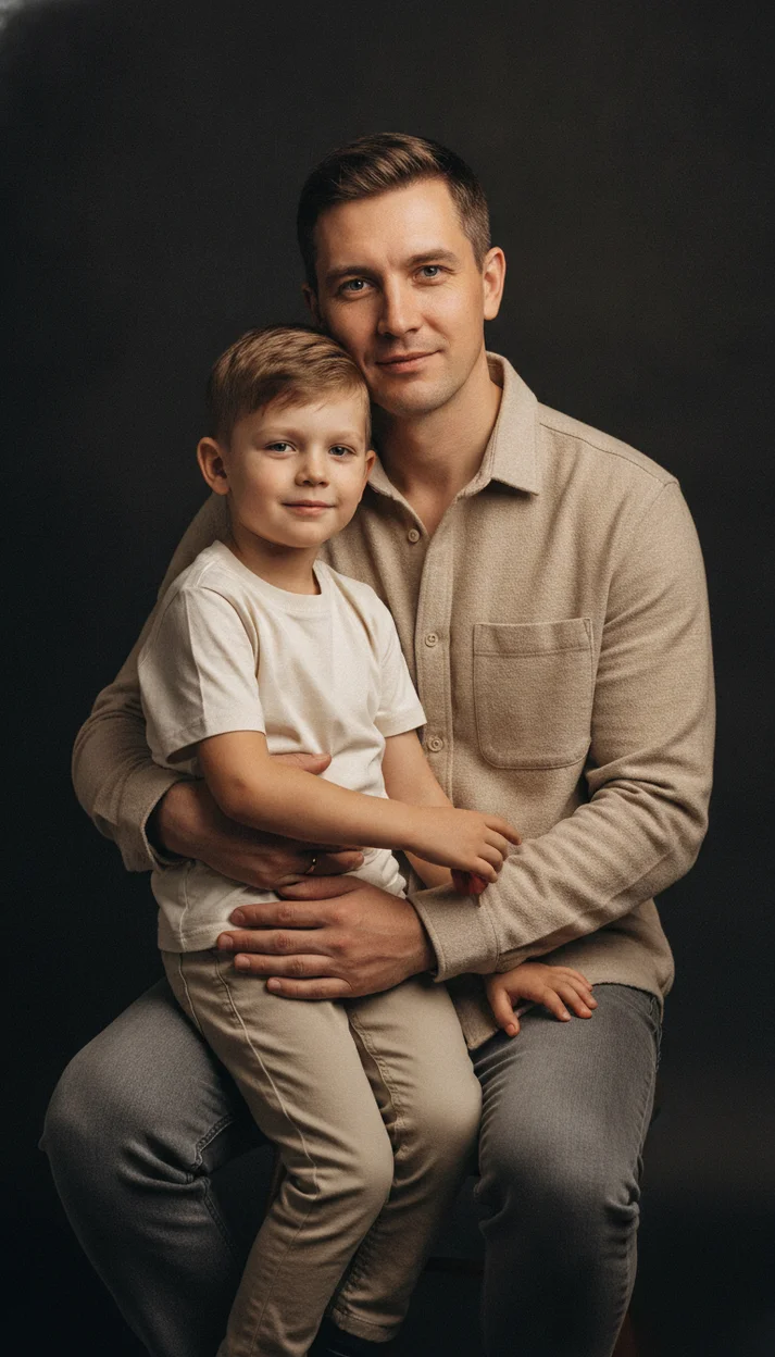 Студийная фотосессия папы с сыном на тёмном фоне