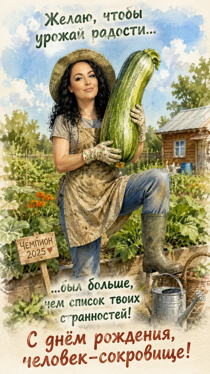 Фотосессия дачник с кабачком в акварельном скетче