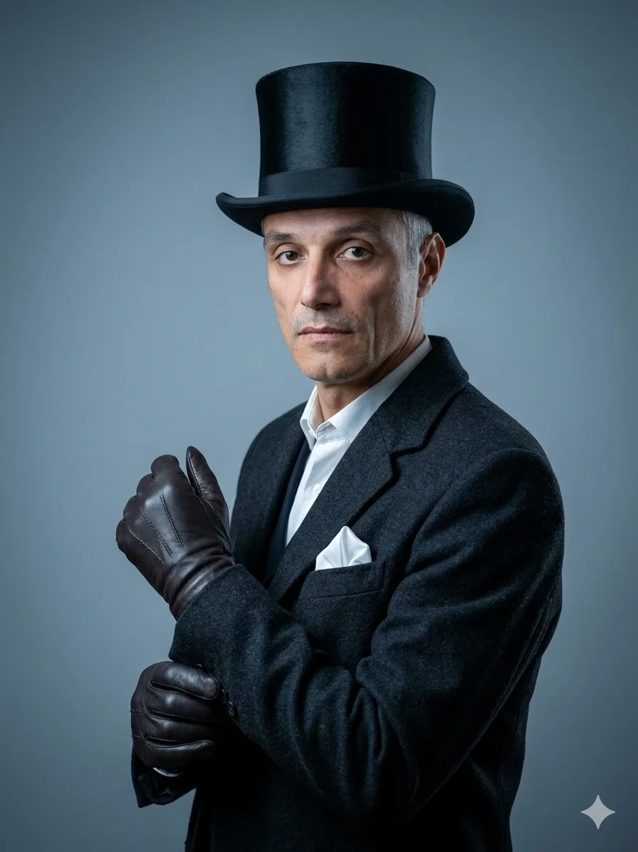 Мужчина в тёмном пальто и цилиндре на нейтральном фоне