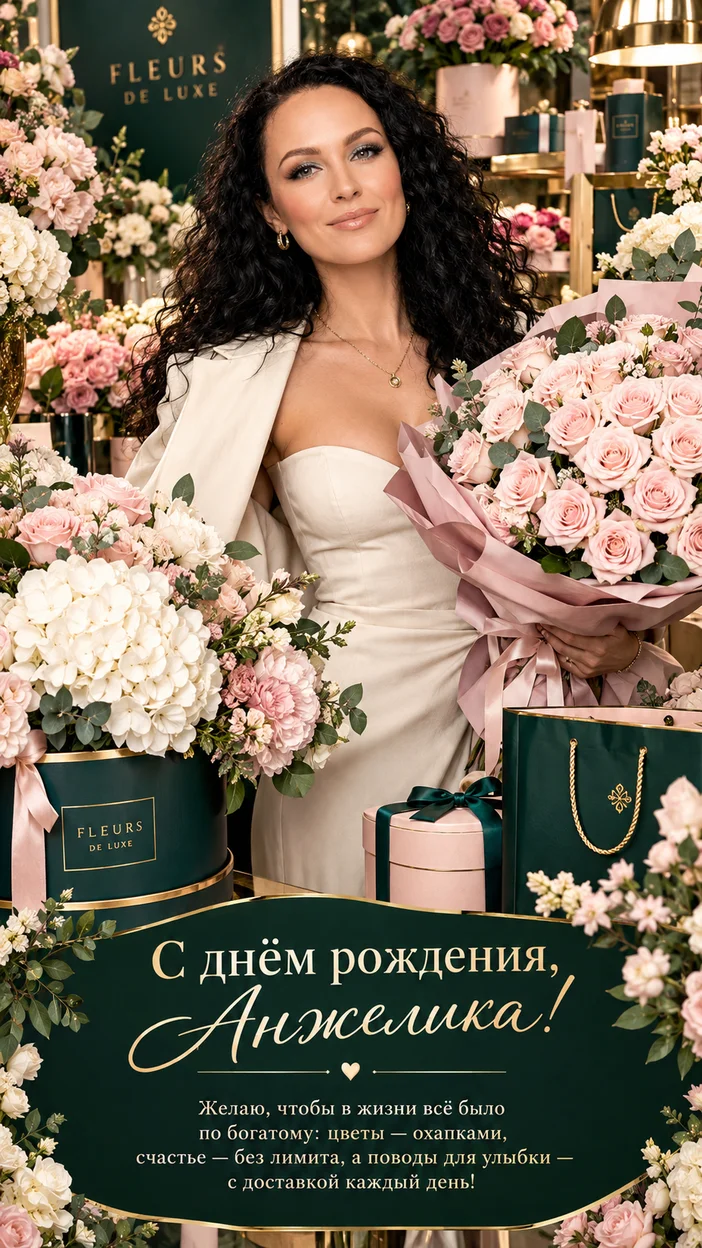 Фотосессия Анжелики в элитном цветочном бутике — модная люксовая открытка «С днём рождения, Анжелика!