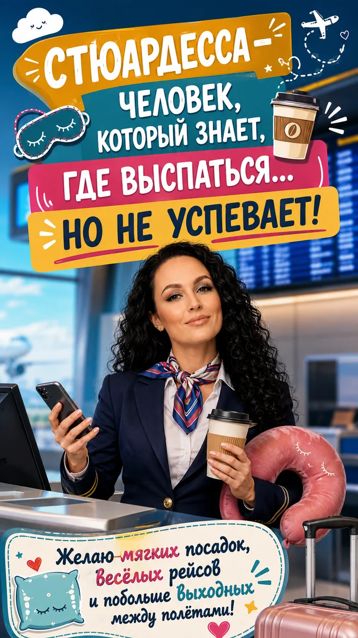 Фотооткрытка стюардессе с поздравлением "СТЮАРДЕССА — ЧЕЛОВЕК, КОТОРЫЙ ЗНАЕТ, ГДЕ ВЫСПАТЬСЯ… НО НЕ УСПЕВАЕТ!"