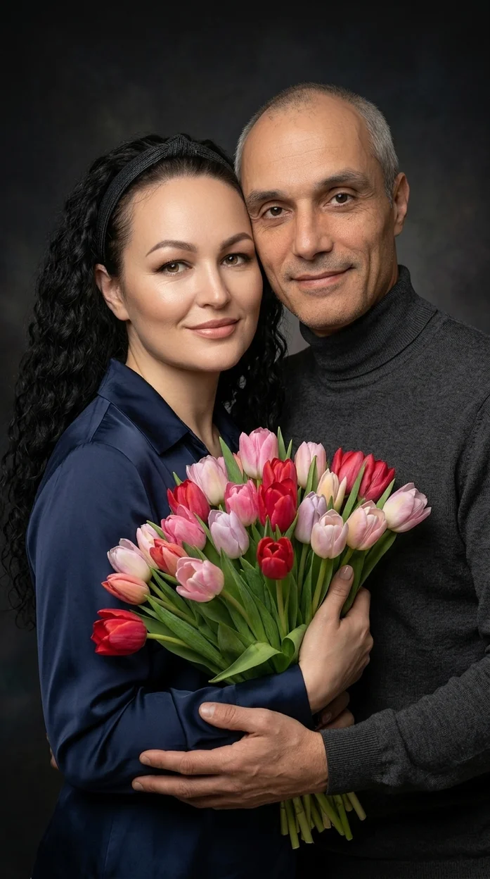 студийный портрет мужа и жены в момент поздравления.