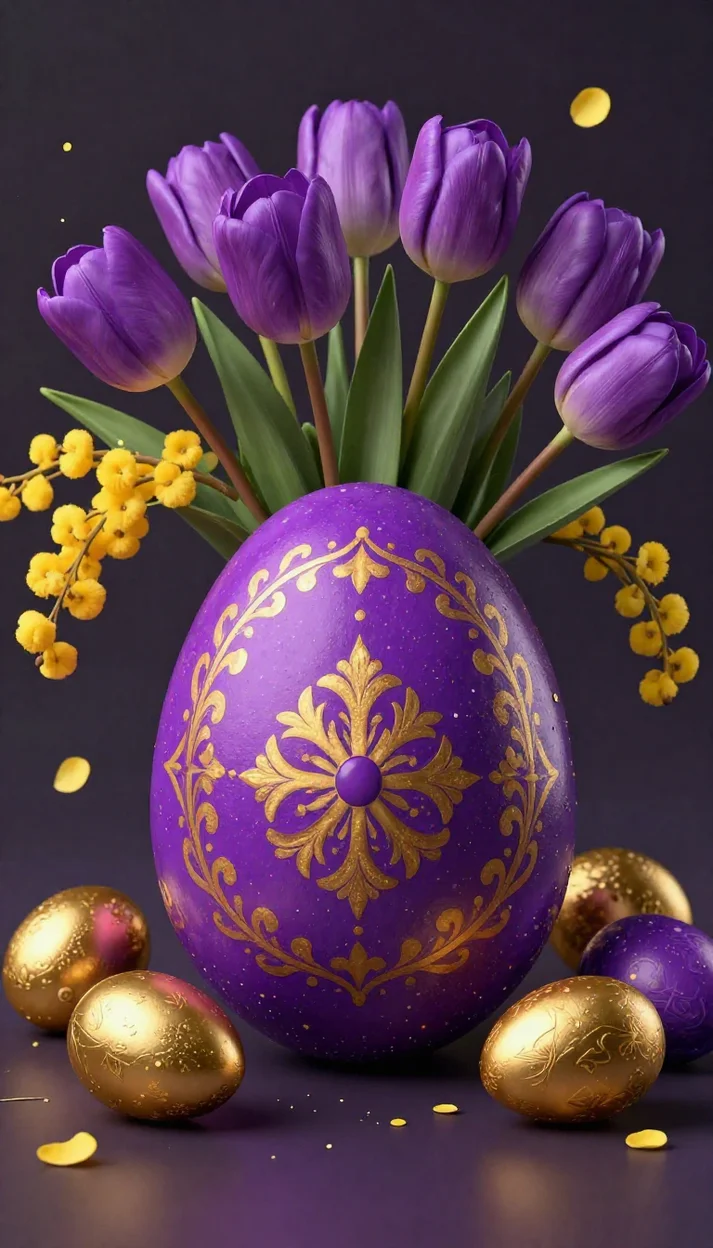 Пасхальная композиция с фиолетовым яйцом и тюльпанами