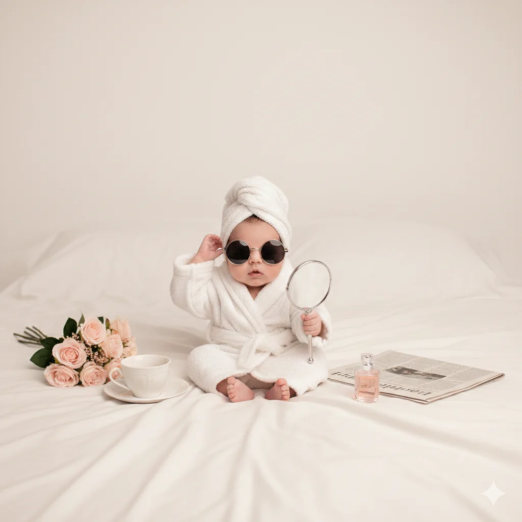  На малыше мягкое белое полотенце, обёрнутое вокруг тела как мини-халат