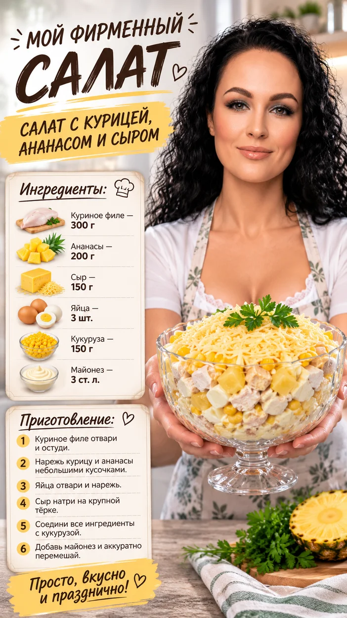 Фотосессия салата с курицей, ананасом и сыром